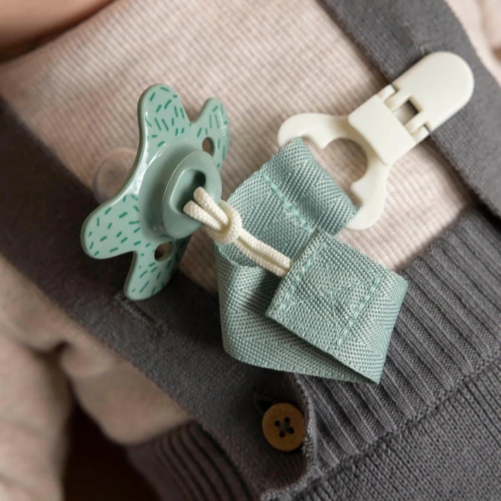 Difrax Pacifier Cord - Sage Attached to a Pacifier