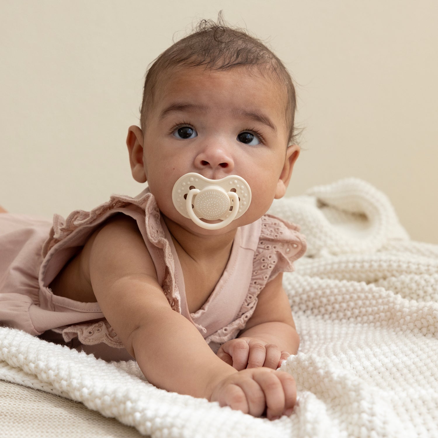 Difrax LOVI Dynamic Pacifier - Harmony - Baby with Creme Pacifier in Mouth