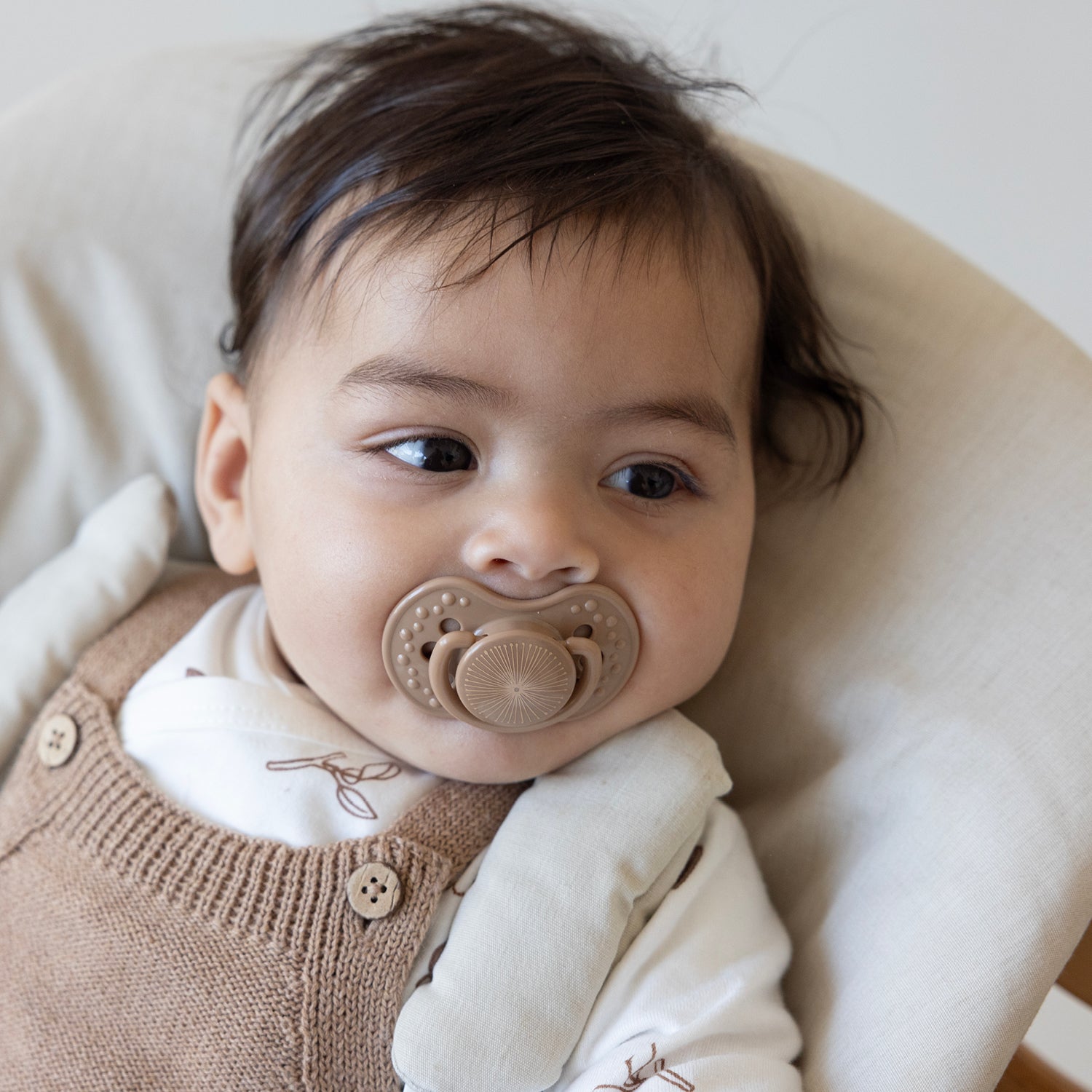 Difrax LOVI Dynamic Pacifier (3-6 months) - Harmony - Baby with Dark Brown Pacifier in Mouth and brown knit top