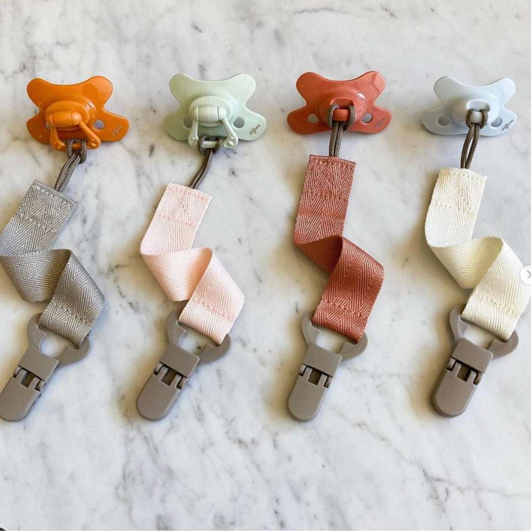 Difrax Pacifier Cord - Clay, Blossom / Grey Clip, Brick, Popcorn Attached to Pacifiers