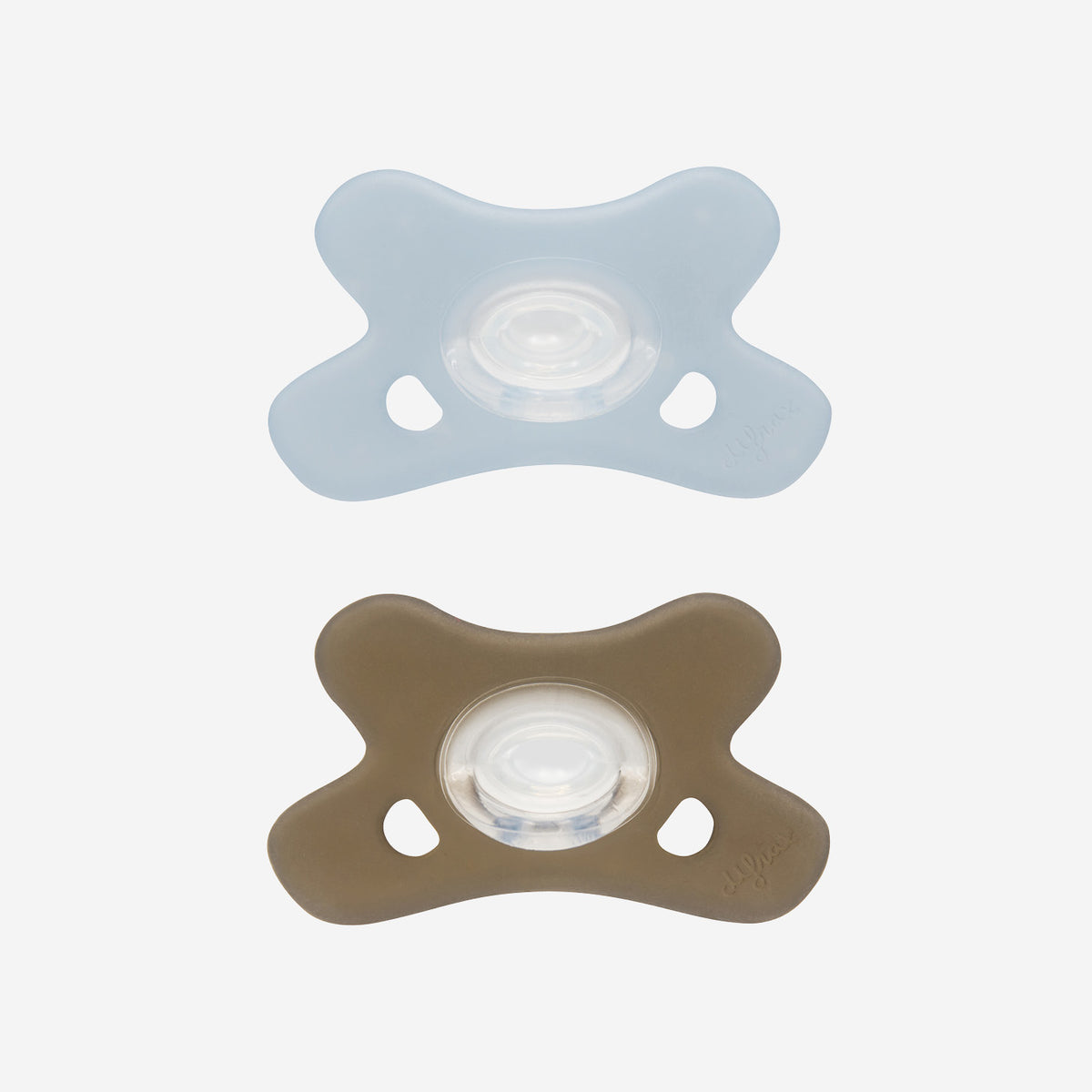 Difrax Silicone Pacifier (0-6 Months) - Duo Pack - Ice / Clay -  Top View